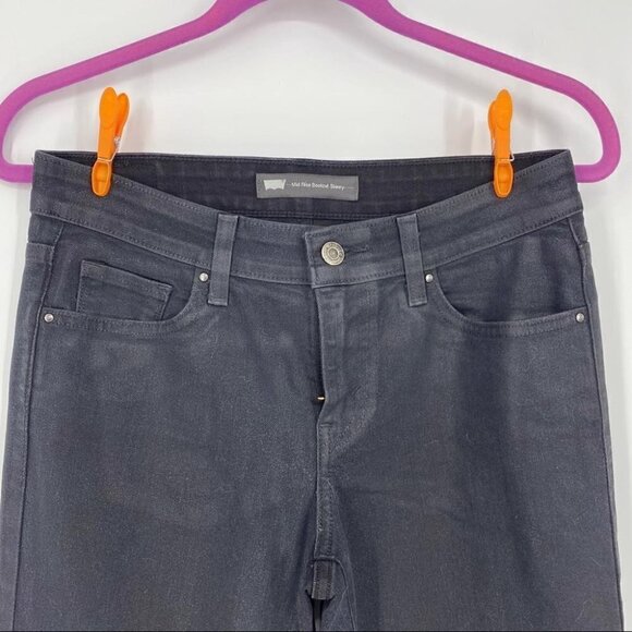 Levi’s black shiny waxy mid rise bootcut skinny. Stretch glam punk. Sz 27 - Picture 3 of 9